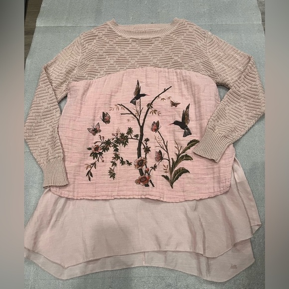 [M/L]Free People Vibe Wool Blend Bird Floral Graphic Pink Layered Sweater - Picture 1 of 7